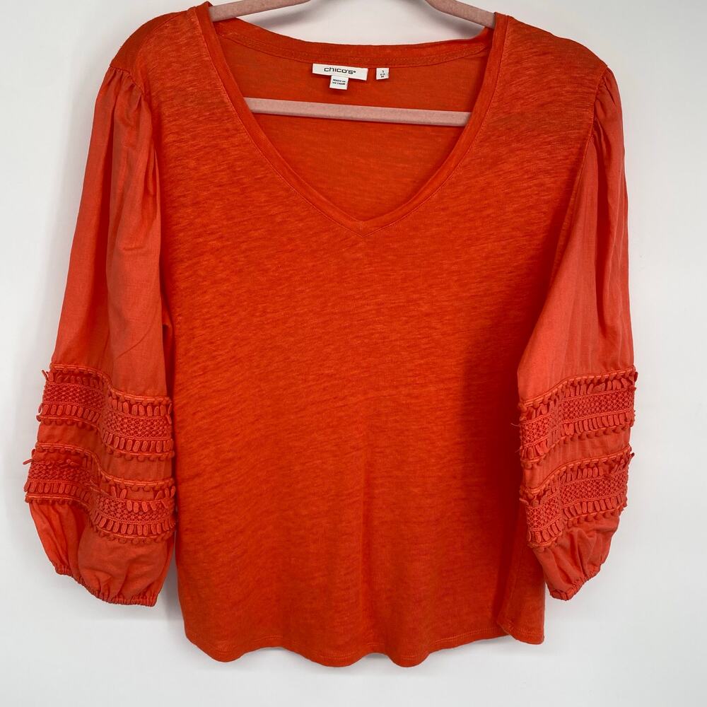 Chico’s Top Women’s Medium Orange Puff Sleeve Lace‎ Details Linen Resortwear